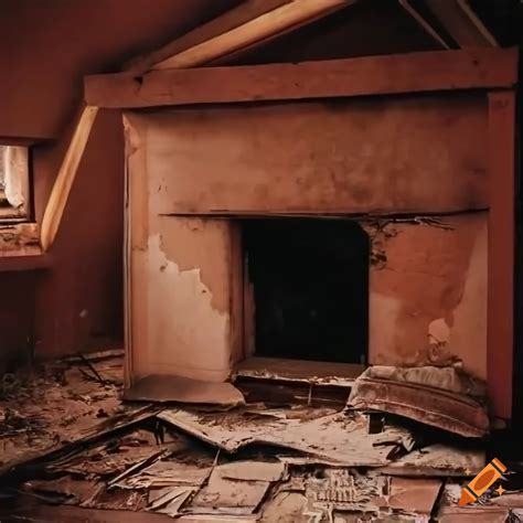 Detailed Abandoned Foggy Attic With Brick Fireplace And Tall Windows On