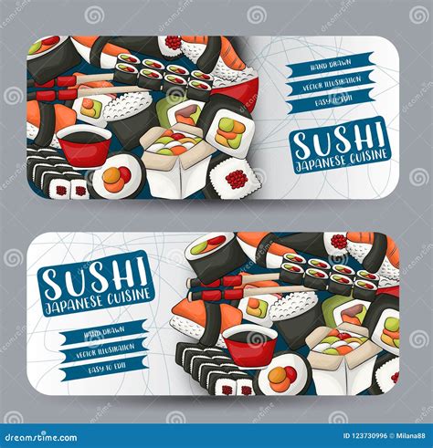 Sushi Bar And Asian Restaurant Horizontal Banner Set Japanese Food