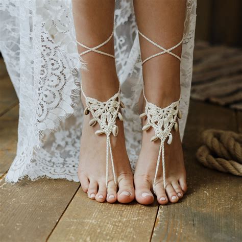 Cochet Barefoot Sandals With Cowrie Seashell Bohemian Wedding Etsy