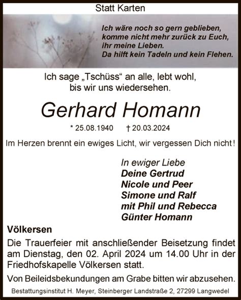 Traueranzeigen Von Gerhard Homann Trauer Kreiszeitung De