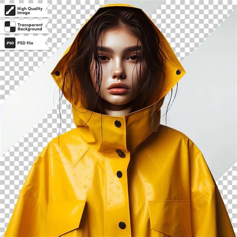 Premium Psd A Woman Wearing A Yellow Raincoat With A Black Logo On