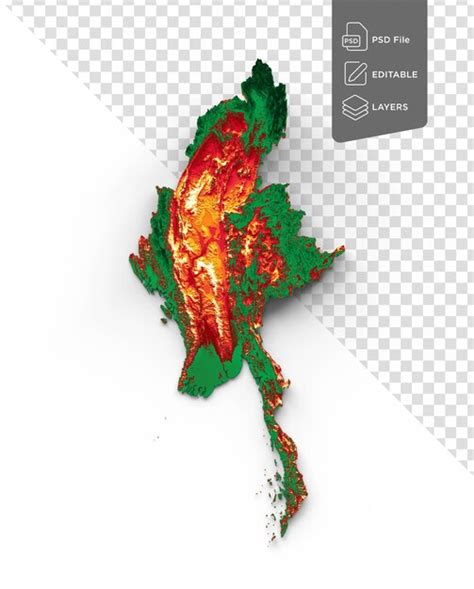 Premium Psd Burma Myanmar Map Flag Colors Green And Red Shaded Relief