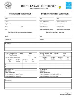 Fillable Online Duct Leakage Test Report EStar 2015Mar Started NEEDs