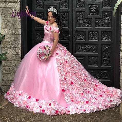 Pink Quinceanera Dresses Ball Gown Plus Size Flowers Puffy Masquerade