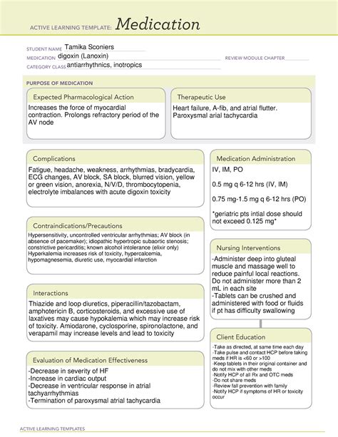 Digoxin Ati Medication Template Active Learning Templates