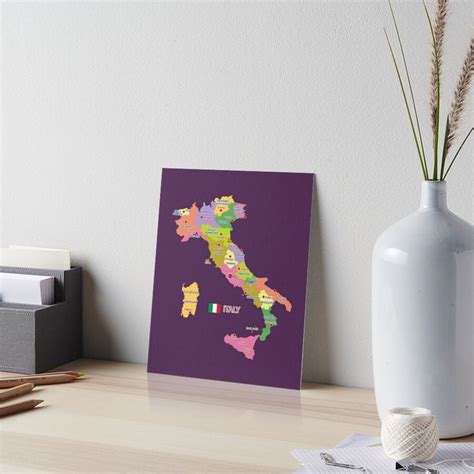 Italy Map With Regions And Main Cities Art Board Print For Sale By