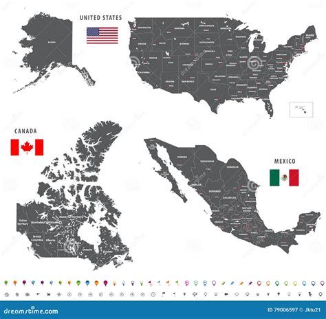 Maps of Canada, United States and Mexico with Flags and Location ...