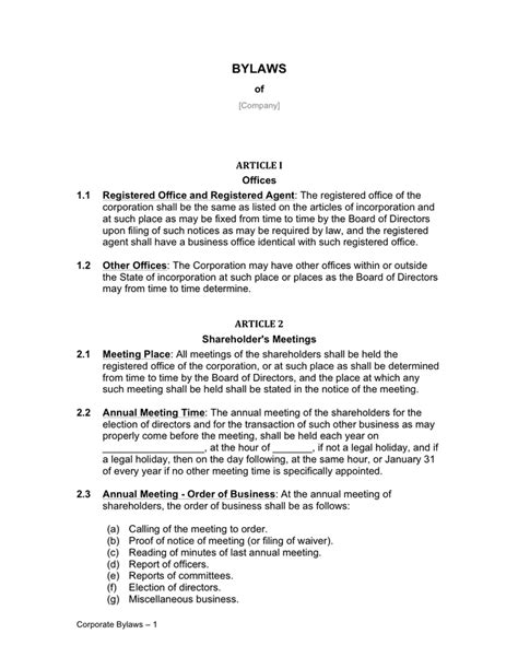 Corporate Bylaws Template In Word And Pdf Formats