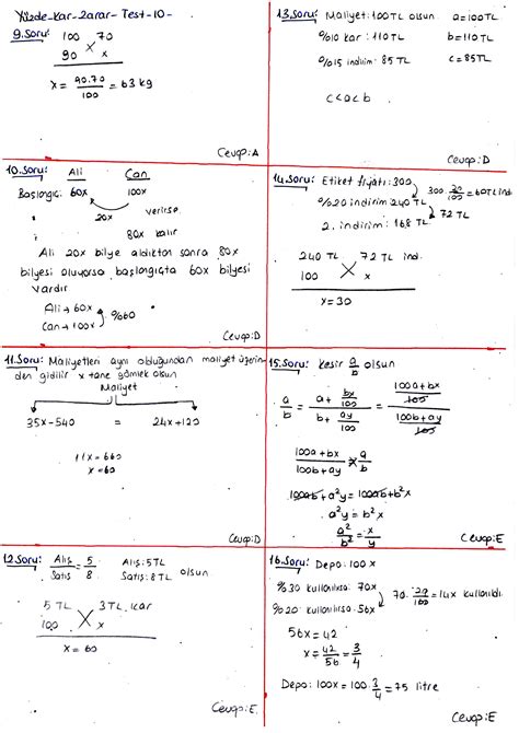 Yüzde Kâr Zarar Problemleri Test 10 İzmir Tasarı