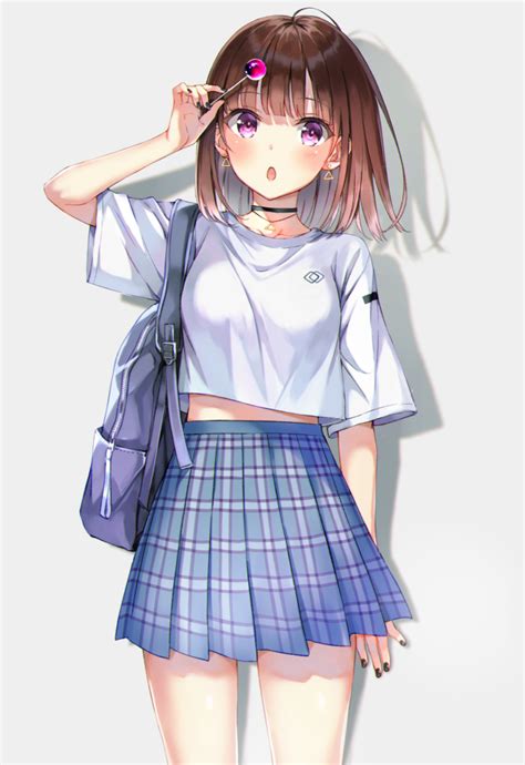 Safebooru 1girl O Ahoge Arm At Side Arm Up Backpack Bag Bangs Black Choker Black Nails Blue