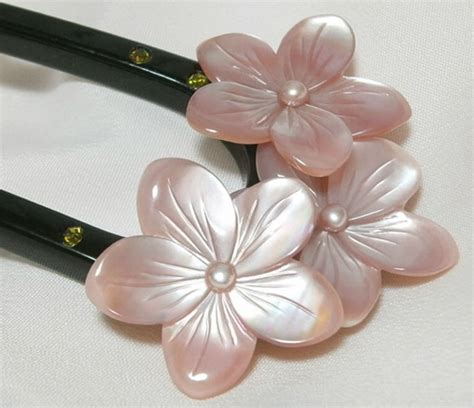 Japanese Hair Pin Kanzashi Mother Of Pearl And Freshwater Pearl Pink