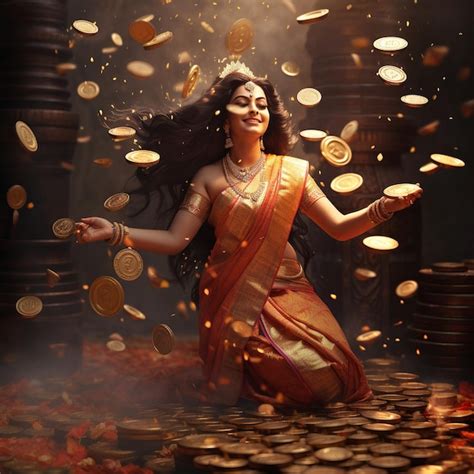 Premium AI Image | illustration of Laxmi Mata With Pot of Gold Coins falling from