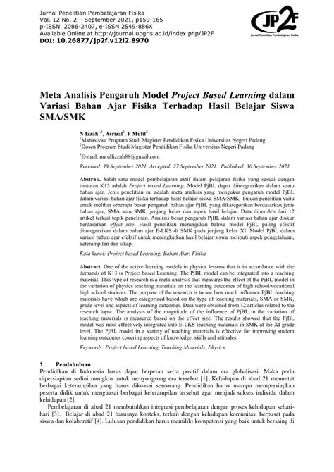 Pdf Meta Analisis Pengaruh Model Project Based Learning Dalam Variasi