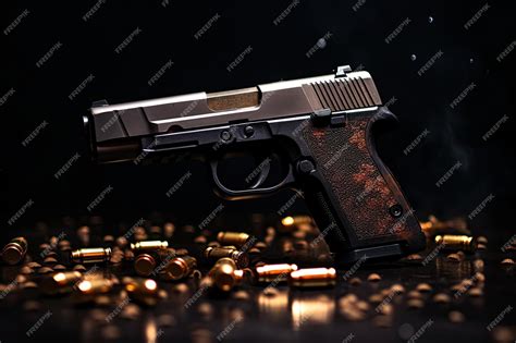 Размытый черный фон с 9-мм черным пистолетом и боеприпасами | Премиум Фото