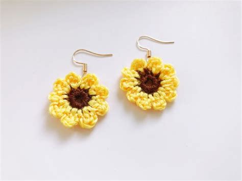 Knitted Sunflower Earrings Crochet Sunflower Earrings Crochet