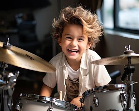 Un Enfant Souriant Tenant Un Pilon à Deux Mains Joue De La Batterie