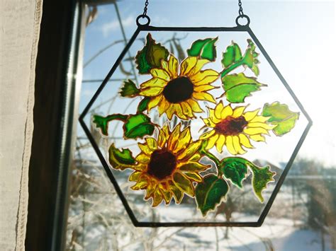 Sunflowers Suncatcher Hand Painting On Glass Glass Etsy