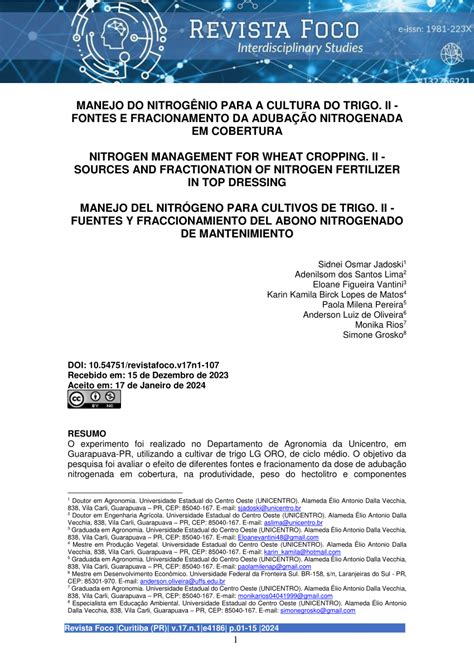 Pdf Manejo Do Nitrog Nio Para A Cultura Do Trigo Ii Fontes E