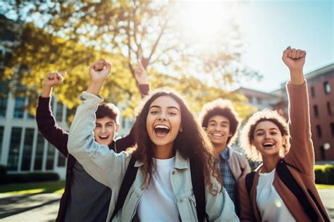 Grupo De Adolescentes Escolares Sonrientes Alegres Levanta Las Manos