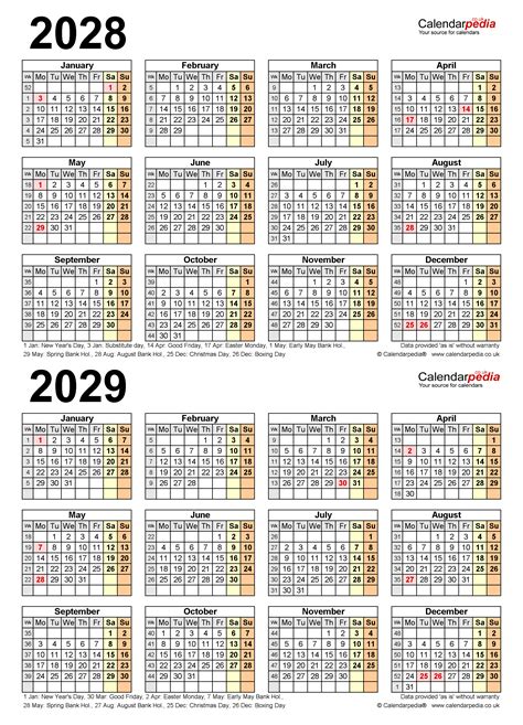 Two Year Calendars For 2028 And 2029 Uk For Microsoft Excel