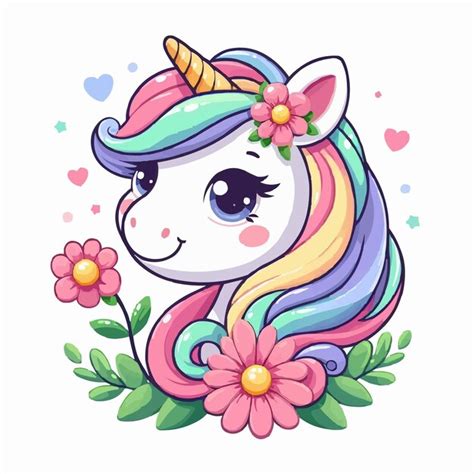 Cute Unicorn With Flower Cartoon Vector On White Background Premium