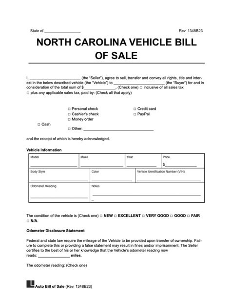 Free North Carolina Motor Vehicle Bill Of Sale Form Legal Templates