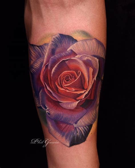 Realistic Purple Rose Tattoo On The Inner Forearm