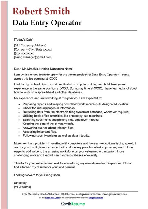 Data Entry Operator Cover Letter Examples Qwikresume