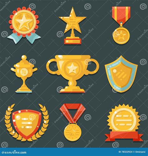 Win Gold Awards Symbols Trophy Icons Set Flat Design Vector