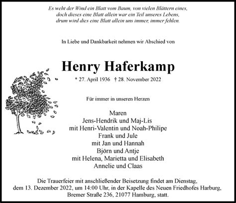 Traueranzeigen Von Henry Haferkamp Hamburgertrauer De