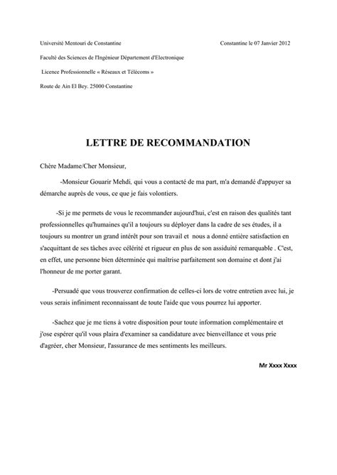 Lettre Recommandation Master Lettre Exemples