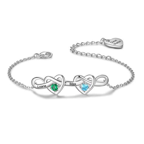 2 Names Personalized Linked Heart Bracelet With 2 Birthstones Engraved Names And Text Bangle For Her