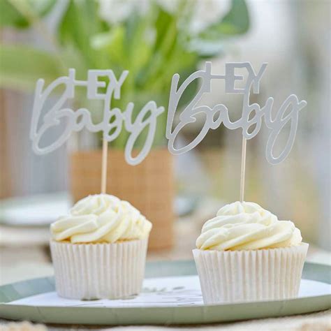 Baby Shower Cupcake Toppers Sage Green Hey Baby Cake Toppers Eco