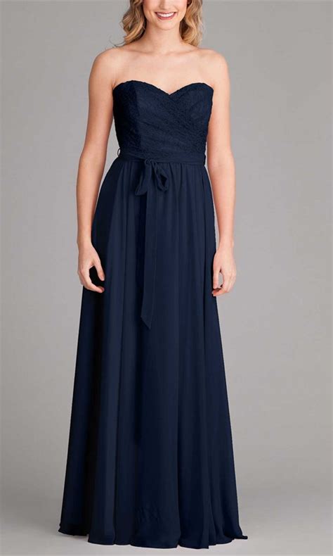 Elegant Navy Blue Strapless Bodice Pleated Long Chiffon A Line Bridesmaid Dress See More At