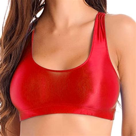 Women S Glossy Shiny Compression Racerback Sports Bra Push Up Stretch Wf Shopping