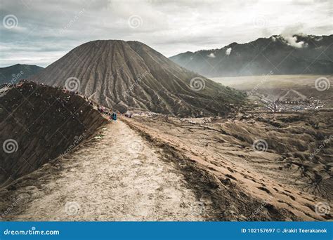 Active Bromo Volcano Mountain Crater Hole Erupt With Sulfur Gas And