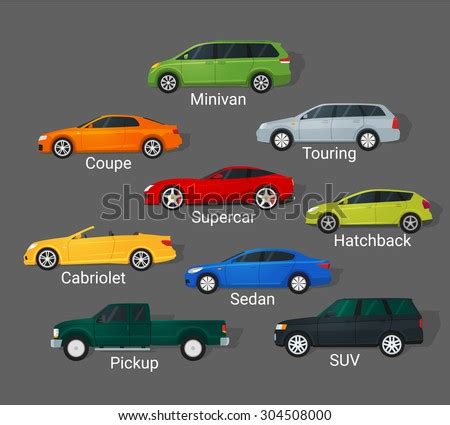 Different Car Types Icons Set In Detailed Flat Style. Sedan And Minivan ...