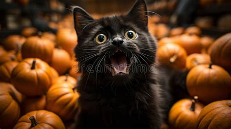 A Black Cat With Its Mouth Open With Bright Orange Pumpkins Stock