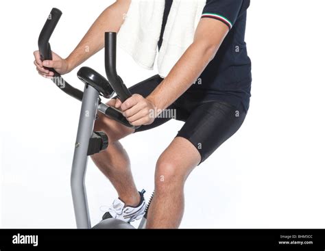 Man Who Pedal Stationary Bikes Cyclette Stock Photo Alamy