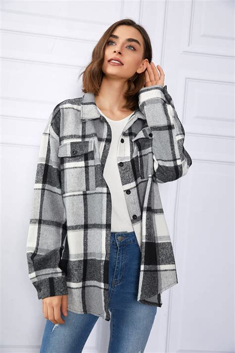 Womens Casual Plaid Shacket Wool Blend Button Down Long Sleeve Shirt Fall Jacket