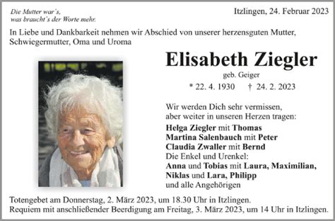 Traueranzeigen Von Elisabeth Ziegler Schwaebische De Trauerportal