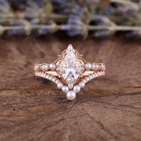 Unique Moissanite Engagement Ring Set Pear Shaped Rose Gold Etsy In