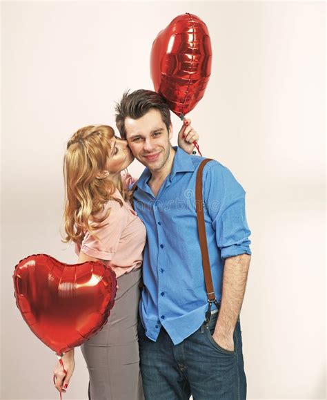Cute Blonde Woman Kissing Her Valentine S Boyfriend Stock Image Image Of Heart Greeting