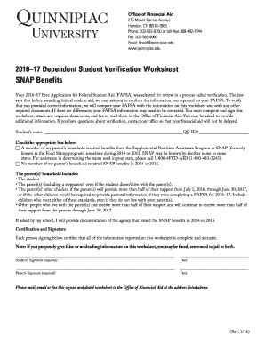 Fillable Online Quinnipiac University Financial Aid 2016 17 Dependent