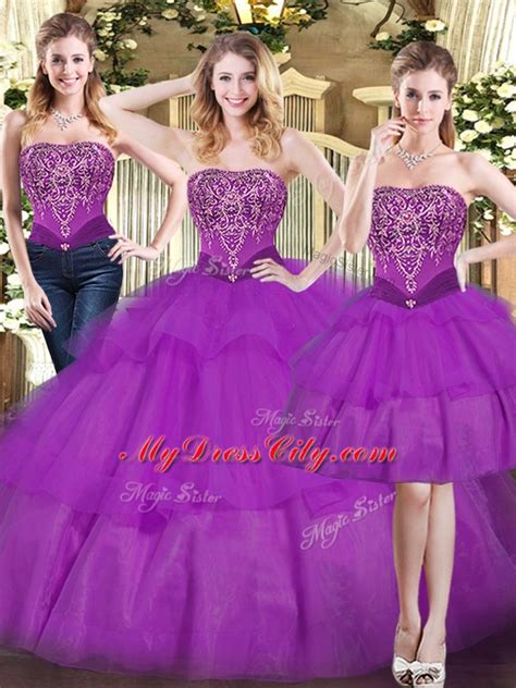 Fabulous Eggplant Purple Ball Gowns Tulle Strapless Sleeveless Beading And Ruffled Layers Floor