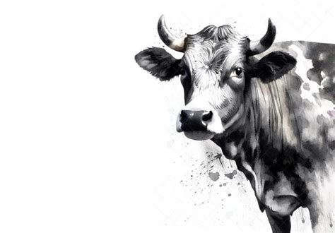 Pintura Em Aquarela Preto E Branco De Uma Vaca Em Um Fundo Branco