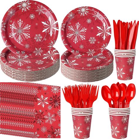 Christmas Snowflake Paper Plates And Napkins Set Serve 50 Disposable Red Winter