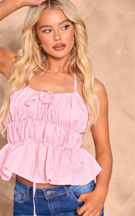 Pink Ruffle Tiered Halter Neck Top Tops Prettylittlething