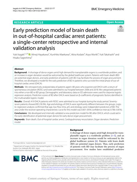 Pdf Early Prediction Model Of Brain Death In Out Of Hospital Cardiac