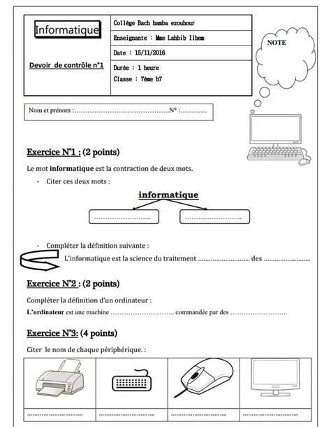 7ème السابعة أساسي Informatique Devoir de contrôle n 1 informatique